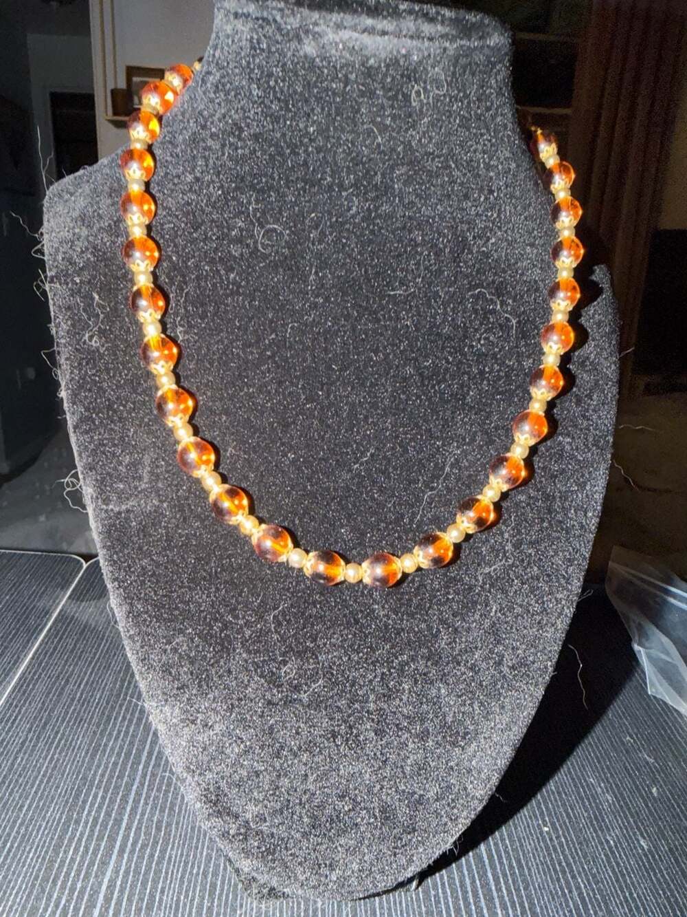 Vintage Amber Glass Bead Necklace with Gold-Tone Filigree Caps and Barrel Clasp
